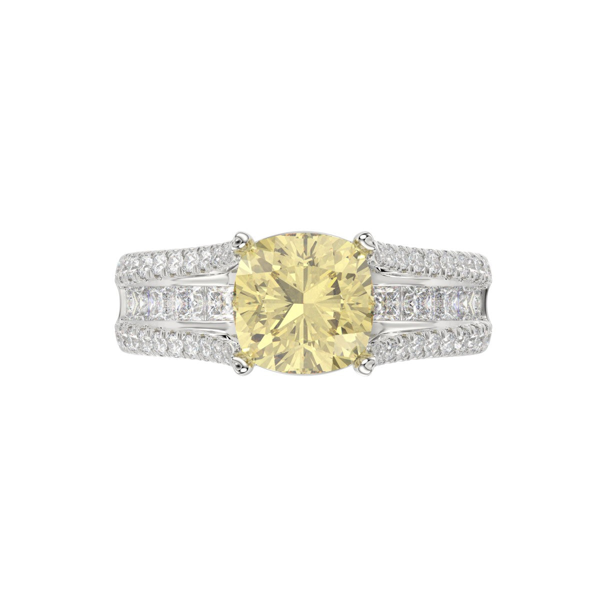 14K WHITE GOLD 4 1/2CT ROUND/PRINCESS/CUSHION DIAMOND LADIES RING (CENTER STONE YELLOW CUSHION DIAMOND 3.00CT)