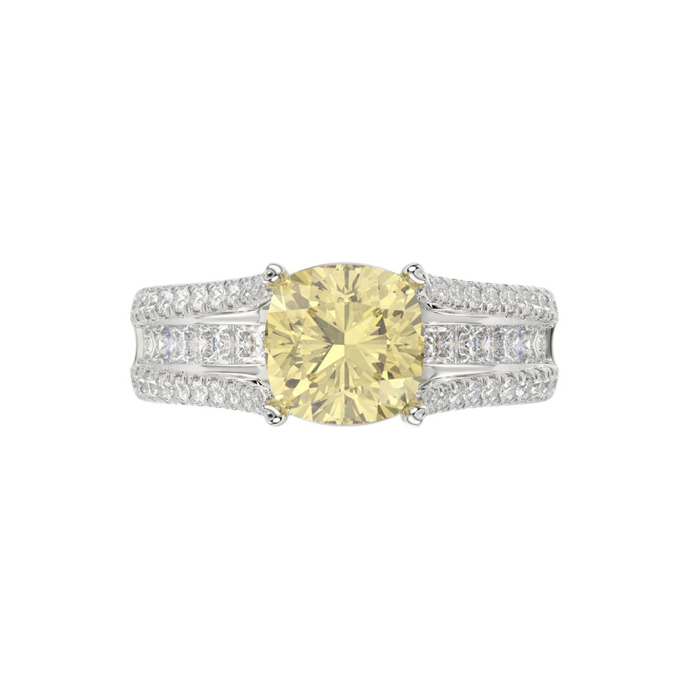 14K WHITE GOLD 4 1/2CT ROUND/PRINCESS/CUSHION DIAMOND LADIES RING (CENTER STONE YELLOW CUSHION DIAMOND 3.00CT)