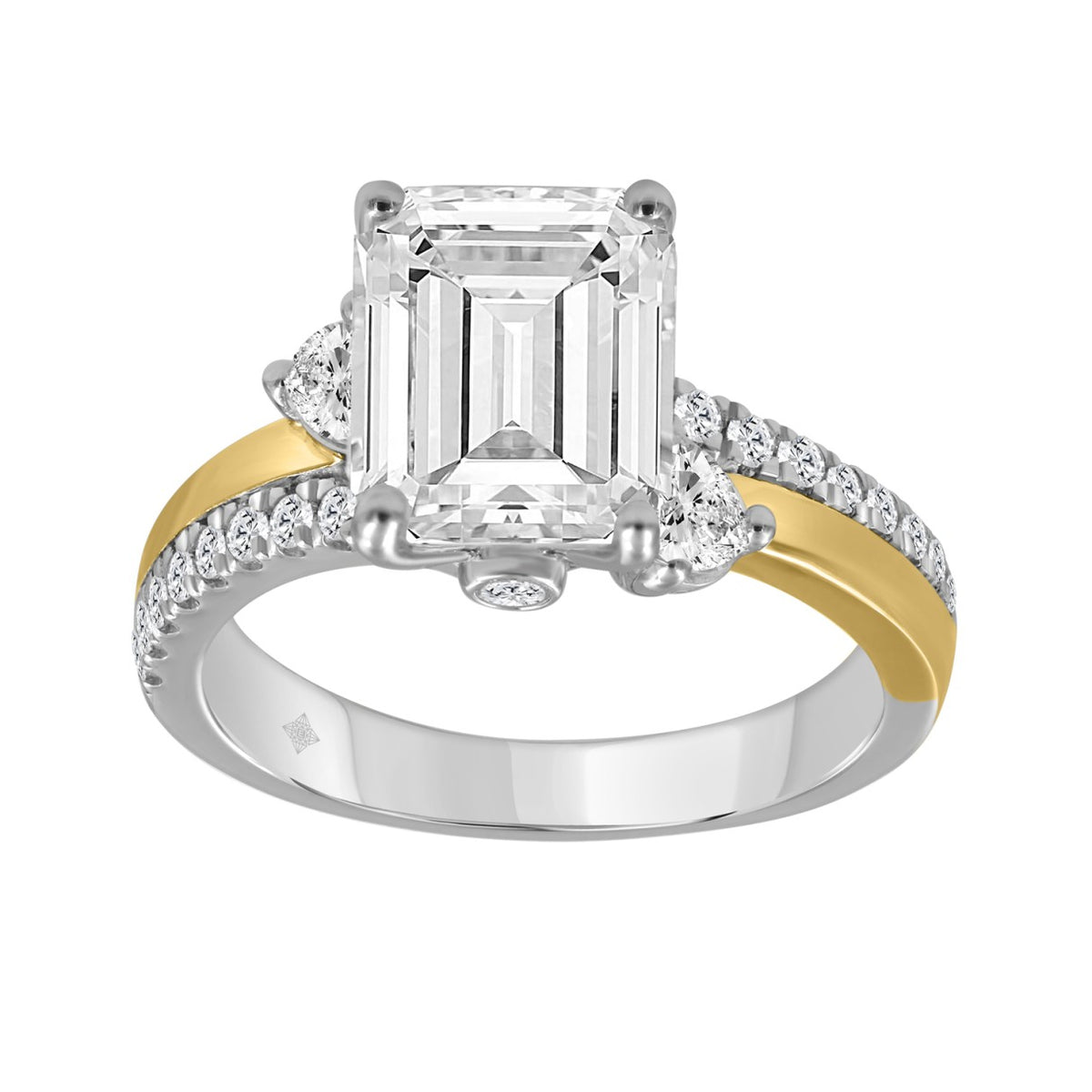 10K WHITE/YELLOW GOLD 3 1/2CT ROUND/EMERALD/PEAR DIAMOND LADIES RING (CENTER STONE EMERALD CUT DIAMOND 3CT)