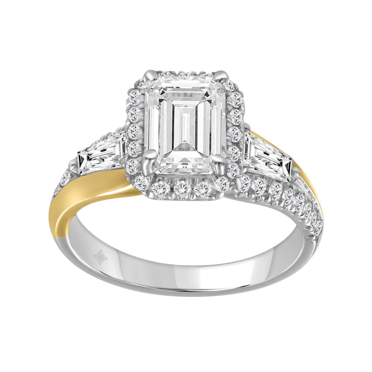 10K WHITE/YELLOW GOLD 2 3/4CT ROUND/EMERALD/TRAPEZOID DIAMOND LADIES RING (CENTER STONE EMERALD DIAMOND 2CT)