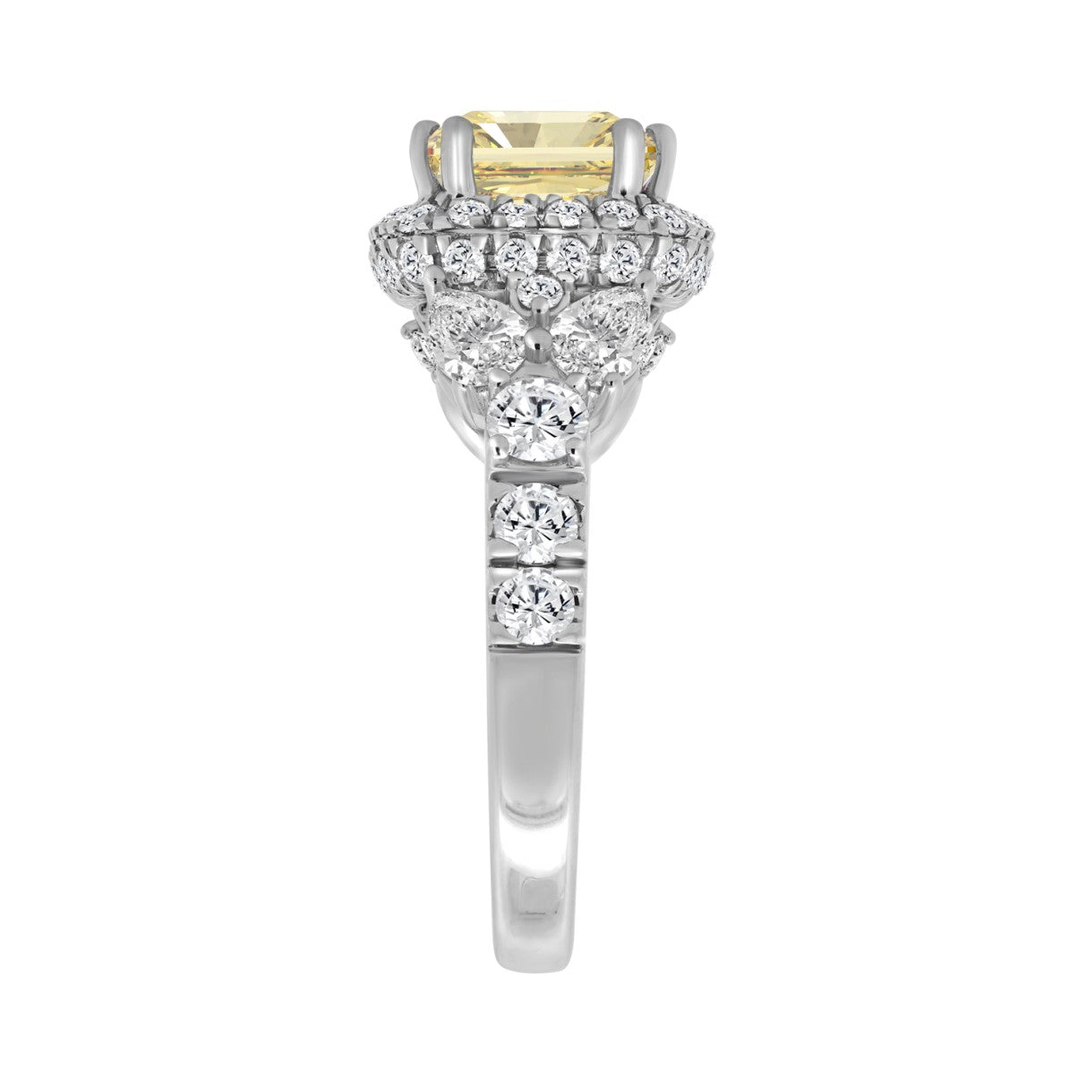 14K WHITE GOLD 4 3/4CT ROUND/PEAR/YELLOW CUSHION DIAMOND LADIES RING (CENTER STONE YELLOW CUSHION DIAMOND 3.00CT)