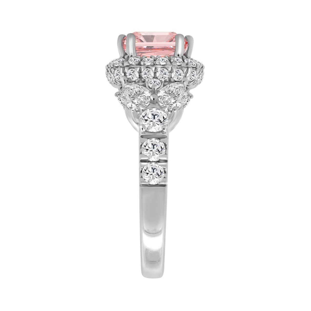 ETERNAL BLUSH COLLECTION 14K WHITE GOLD 4 3/4CT ROUND/PEAR/PINK CUSHION DIAMOND LADIES RING (CENTER STONE PINK CUSHION DIAMOND 3.00CT)