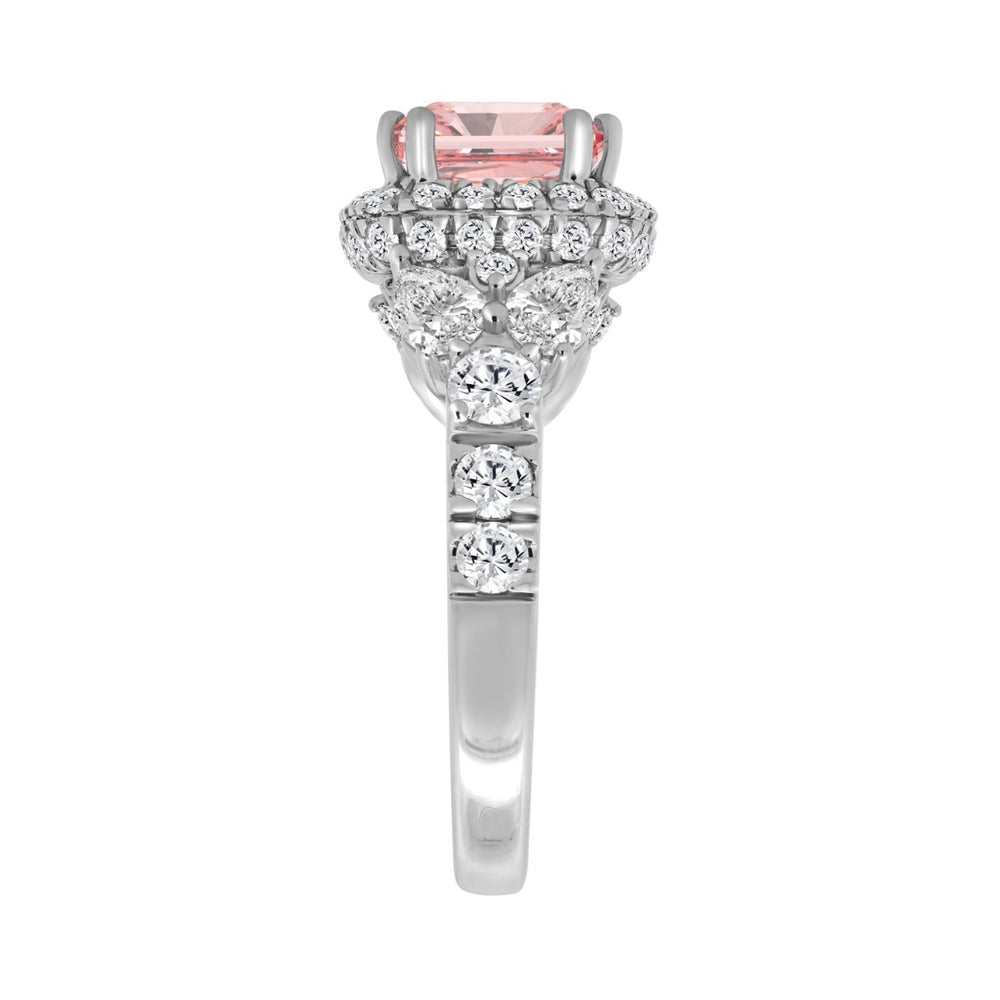 ETERNAL BLUSH COLLECTION 14K WHITE GOLD 4 3/4CT ROUND/PEAR/PINK CUSHION DIAMOND LADIES RING (CENTER STONE PINK CUSHION DIAMOND 3.00CT)