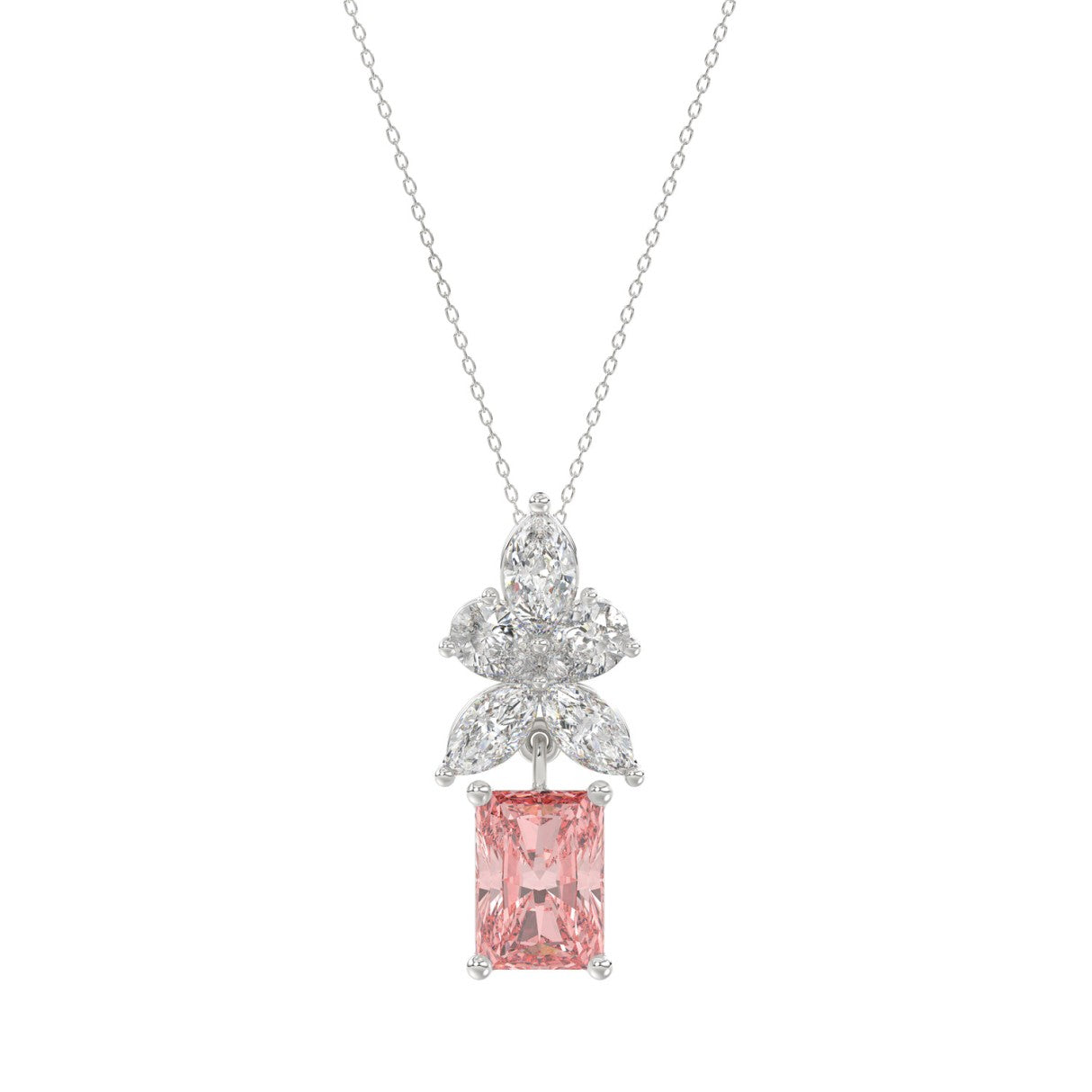 ETERNAL BLUSH COLLECTION 14K WHITE GOLD 2 1/4CT PEAR/MARQUISE/PINK RADIANT DIAMOND LADIES PENDANT WITH CHAIN (CENTER STONE PINK RADIANT DIAMOND 1 1/2CT)