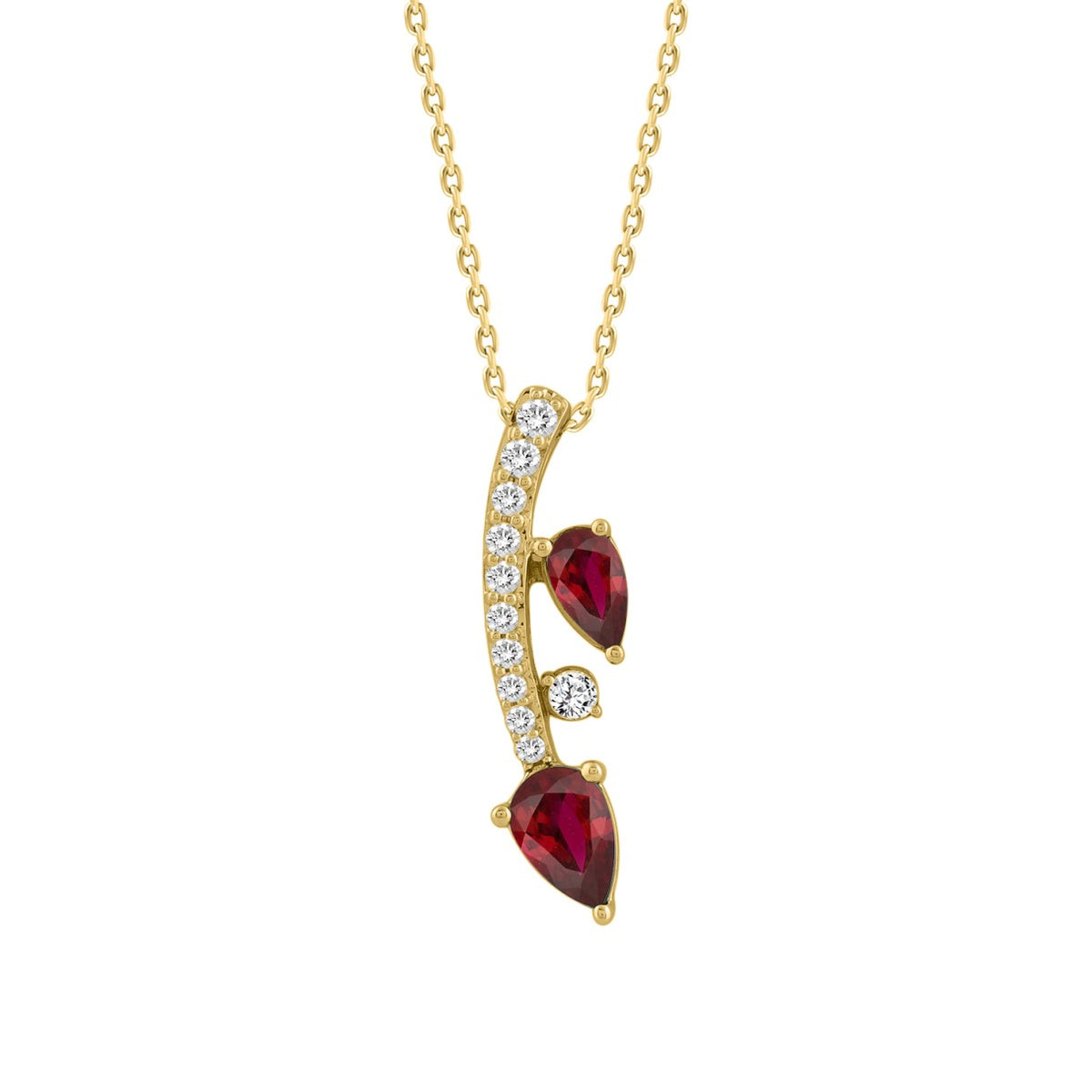 14K YELLOW GOLD 7/8CT ROUND/PEAR DIAMOND LADIES PENDANT WITH CHAIN (PEAR RUBY 5/8CT)