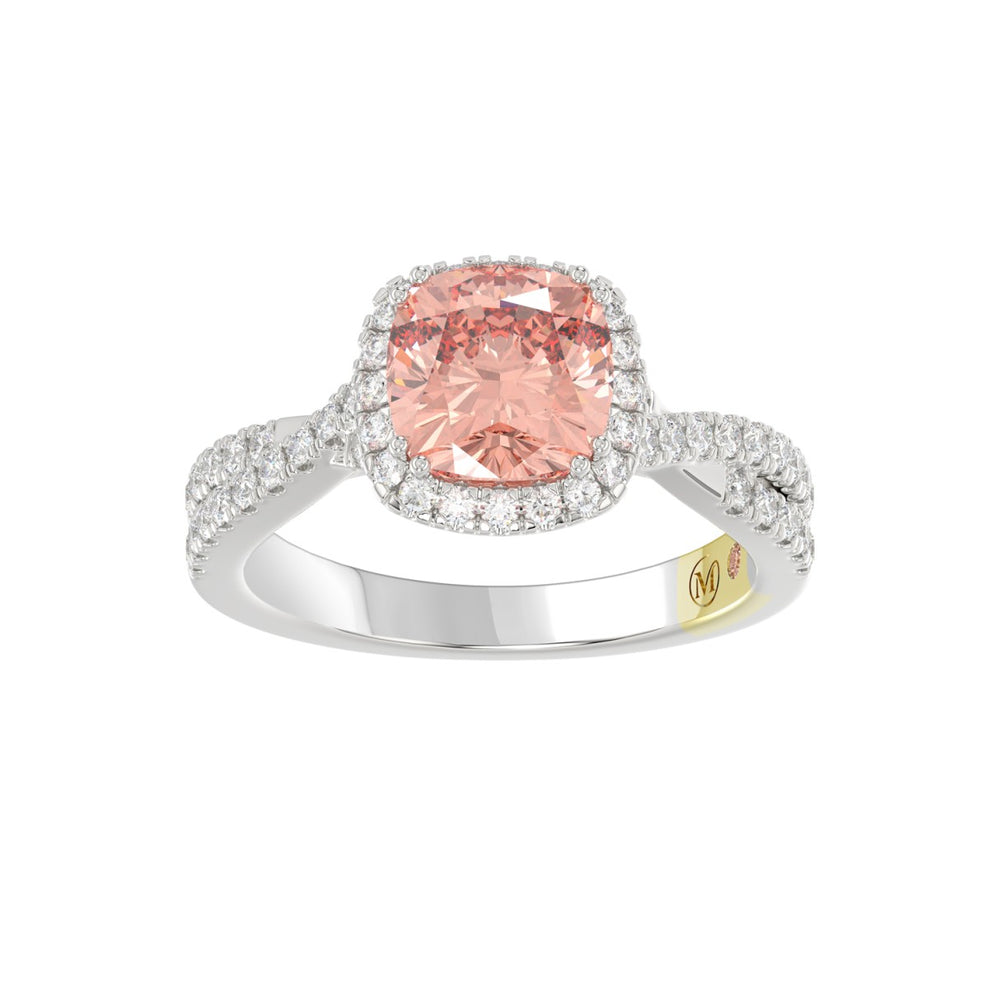 14K WHITE GOLD CRAFTED WITH 18K YELLOW GOLD SHANK 2 1/2CT ROUND/CUSHION DIAMOND LADIES BRIDAL RING (CENTER STONE CUSHION PINK DIAMOND 2.00CT)