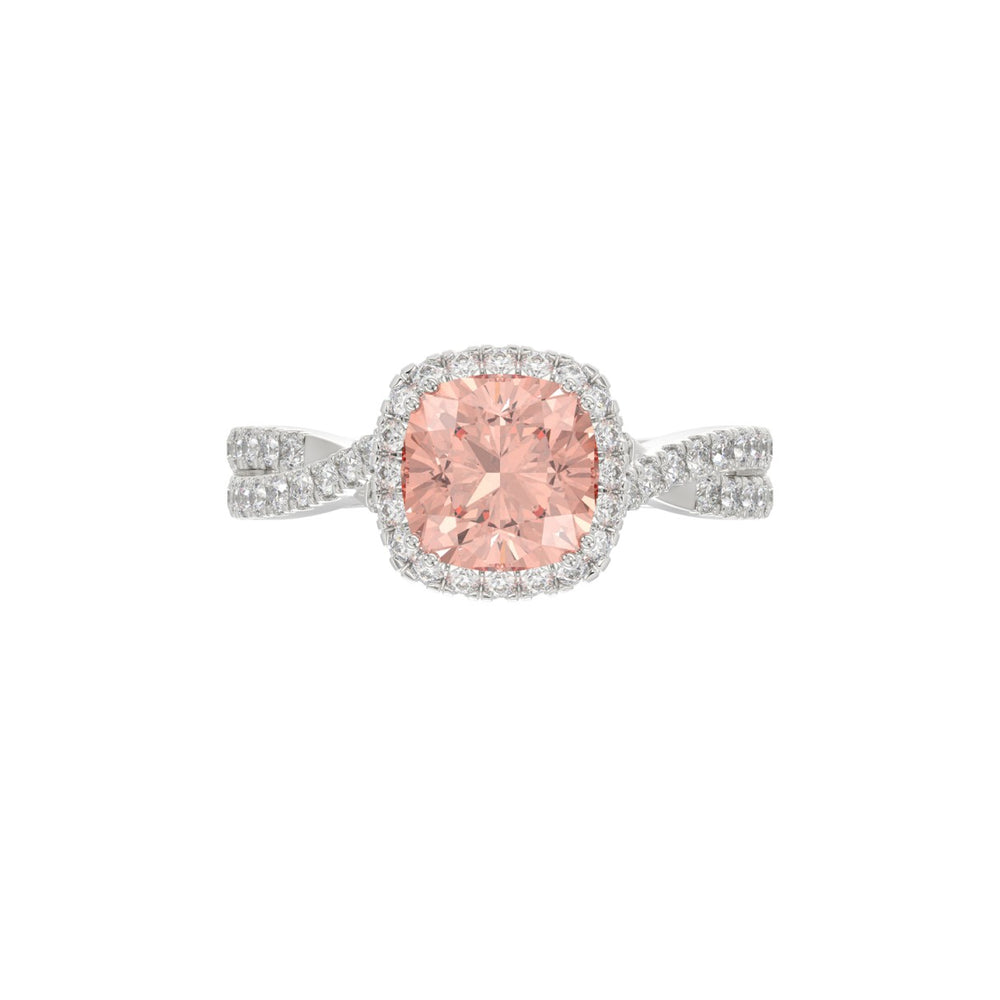 14K WHITE GOLD CRAFTED WITH 18K YELLOW GOLD SHANK 2 1/2CT ROUND/CUSHION DIAMOND LADIES BRIDAL RING (CENTER STONE CUSHION PINK DIAMOND 2.00CT)