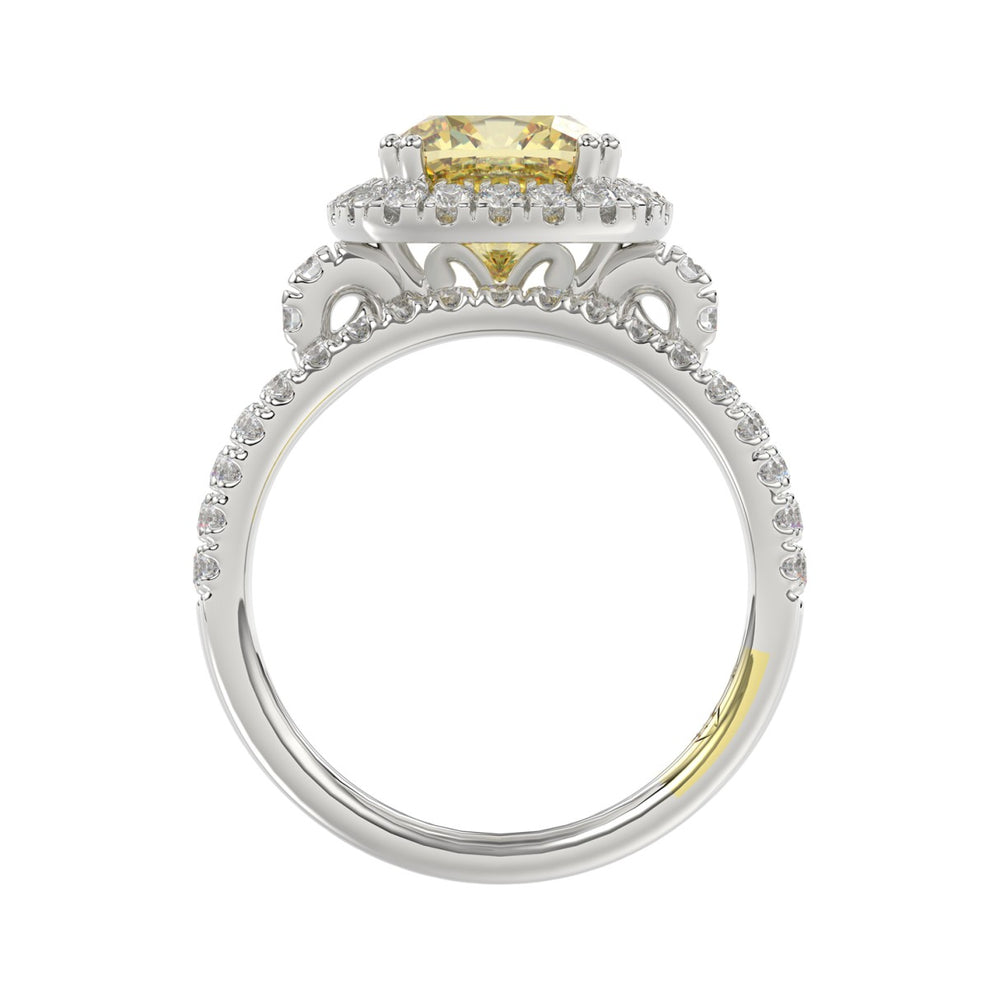 14K WHITE GOLD CRAFTED WITH 18K YELLOW GOLD SHANK 3 3/4CT ROUND/CUSHION DIAMOND LADIES BRIDAL SET (CENTER STONE CUSHION YELLOW DIAMOND 3.00CT)