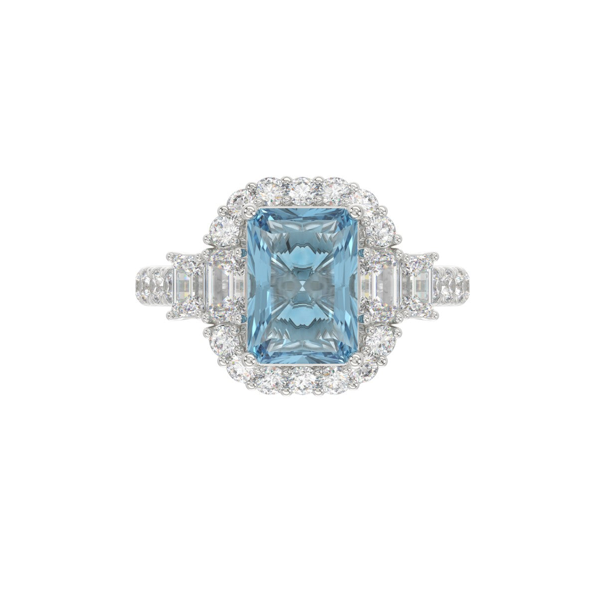 14K WHITE GOLD CRAFTED WITH 18K YELLOW GOLD SHANK 4 1/2CT ROUND/EMERALD DIAMOND LADIES RING  (CENTER STONE EMERALD BLUE DIAMOND 3.00CT)