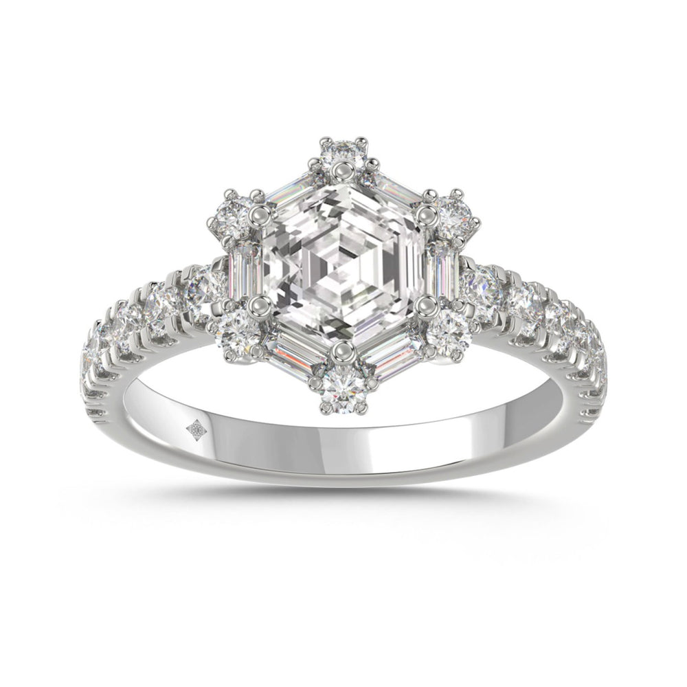 14K WHITE GOLD 1 3/4CT ROUND/BAGUETTE/HEZAGON STEP CUT DIAMOND LADIES RING