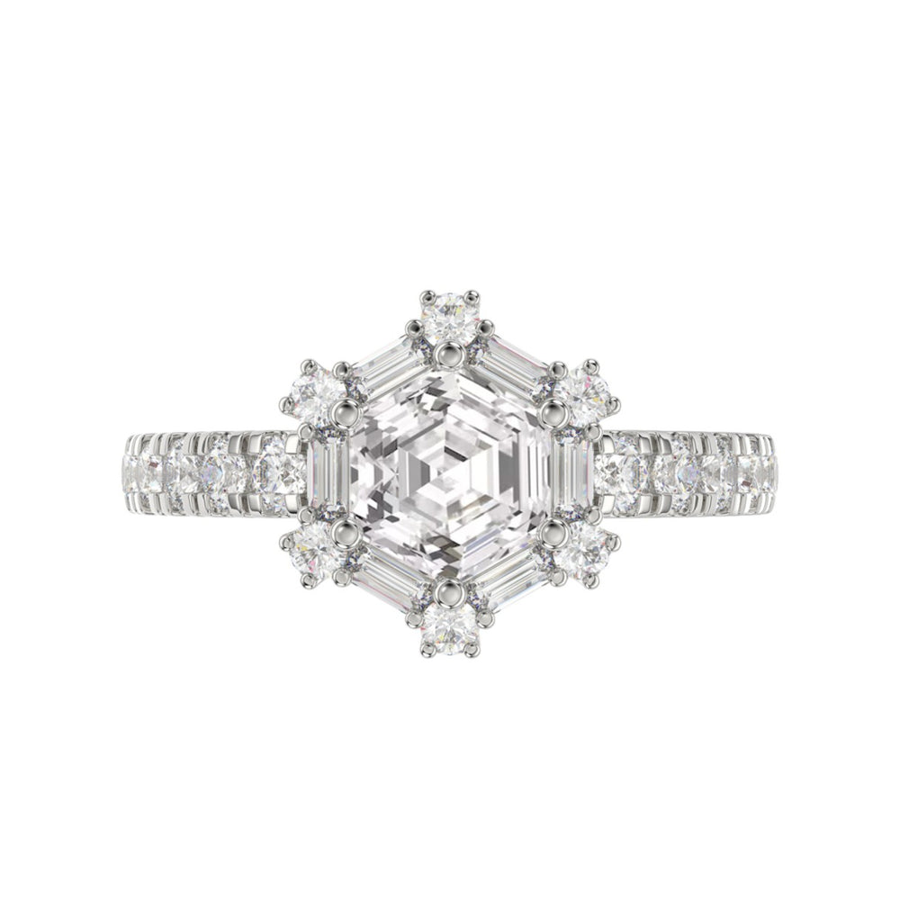 14K WHITE GOLD 1 3/4CT ROUND/BAGUETTE/HEZAGON STEP CUT DIAMOND LADIES RING