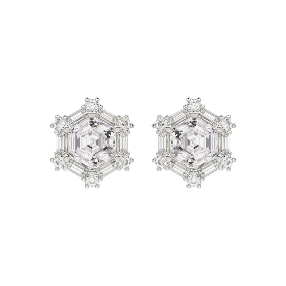 14K WHITE GOLD 1 1/4CT ROUND/BAGUETTE/HEZAGON STEP CUT DIAMOND LADIES EARRINGS