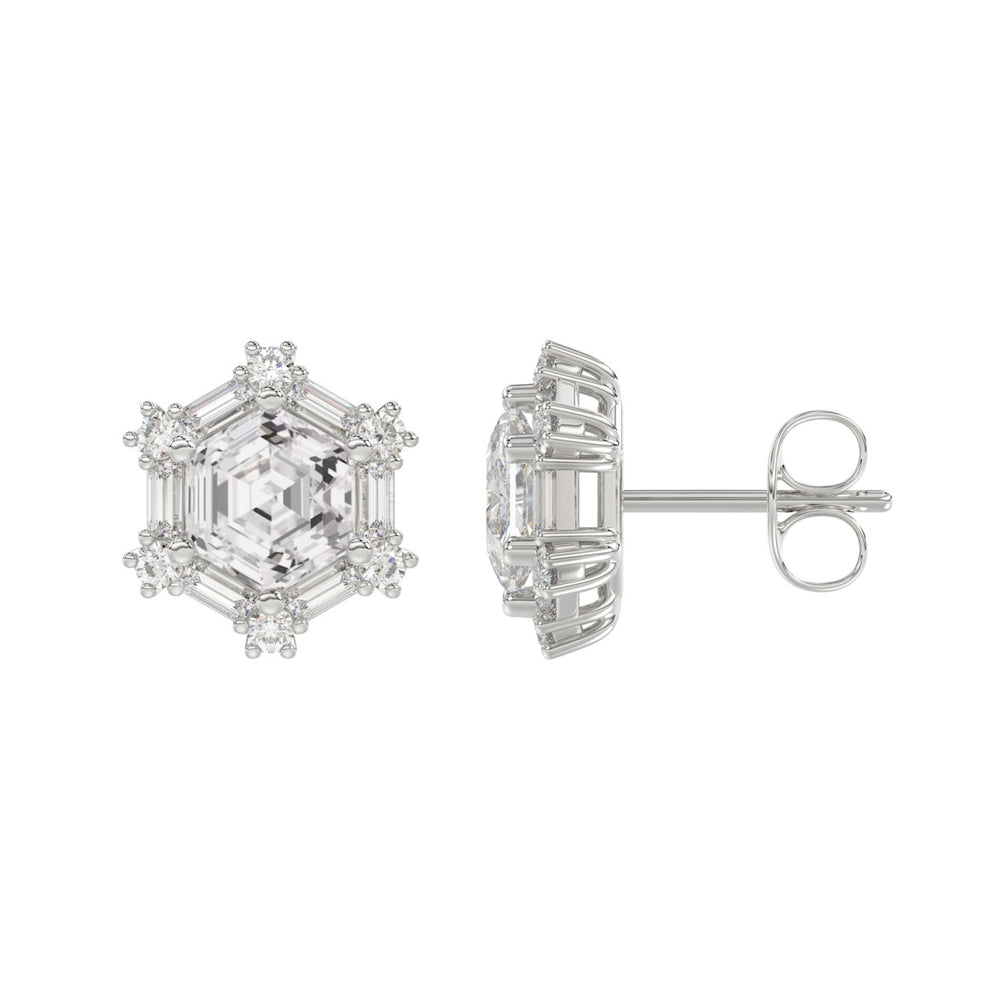 14K WHITE GOLD 1 1/4CT ROUND/BAGUETTE/HEZAGON STEP CUT DIAMOND LADIES EARRINGS
