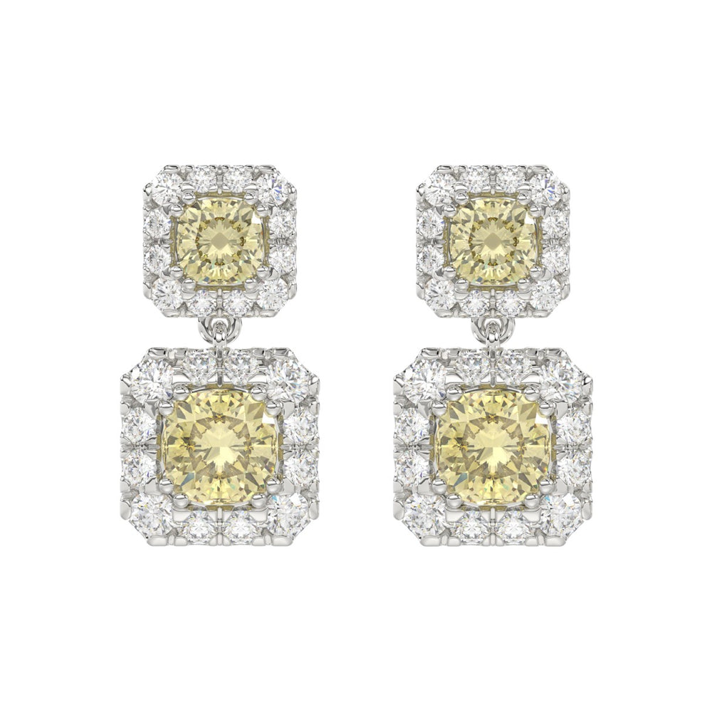 14K WHITE GOLD CRAFTED WITH 18K YELLOW GOLD BLACK PLATE 4 1/4CT ROUND/YELLOW CUSHION DIAMOND LADIES EARRINGS