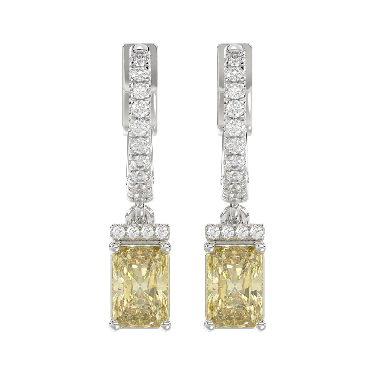 14K WHITE GOLD CRAFTED WITH 18K YELLOW GOLD BLACK PLATE 2 1/4CT ROUND/YELLOW EMERALD DIAMOND LADIES HOOPS EARRINGS