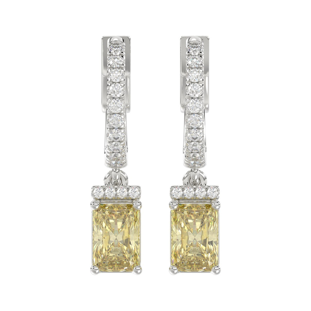 14K WHITE GOLD CRAFTED WITH 18K YELLOW GOLD BLACK PLATE 2 1/4CT ROUND/YELLOW EMERALD DIAMOND LADIES HOOPS EARRINGS
