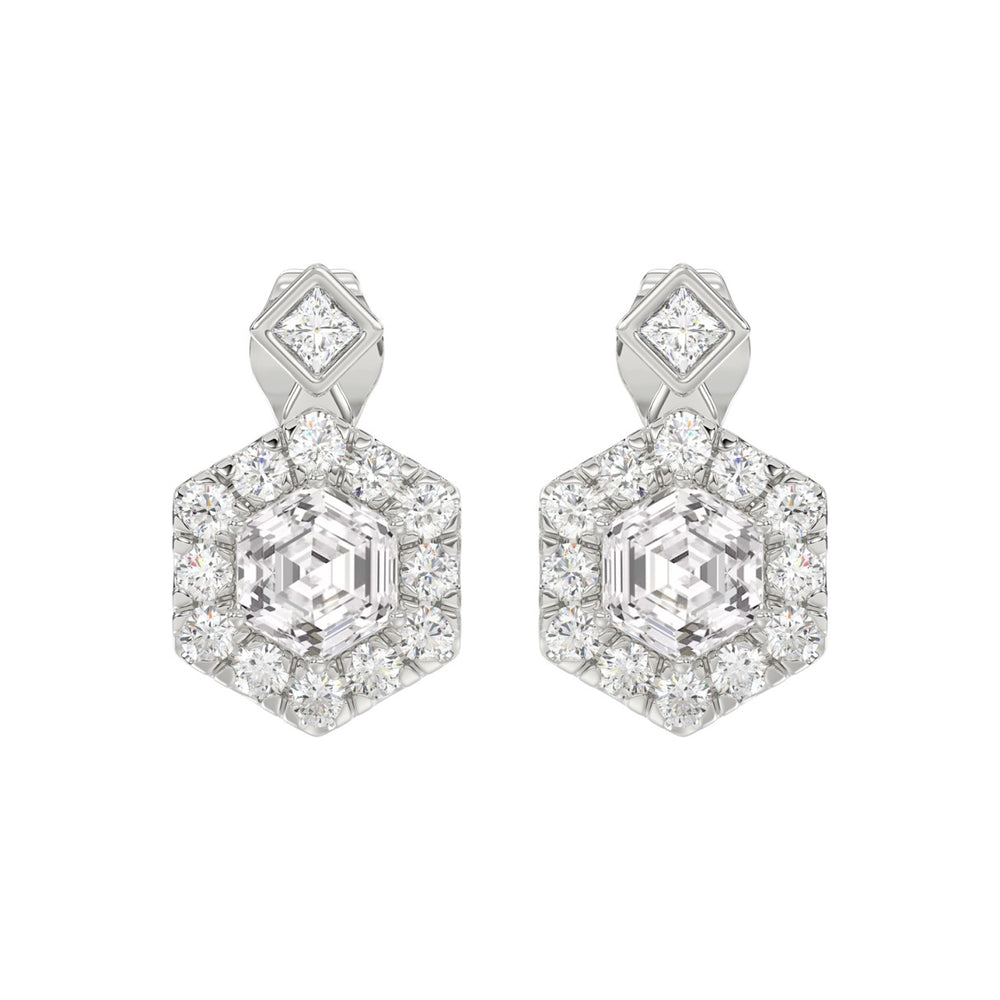 14KWHITE GOLD 2 1/4CT ROUND/HEXAGON STEP CUT DIAMOND LADIES EARRINGS