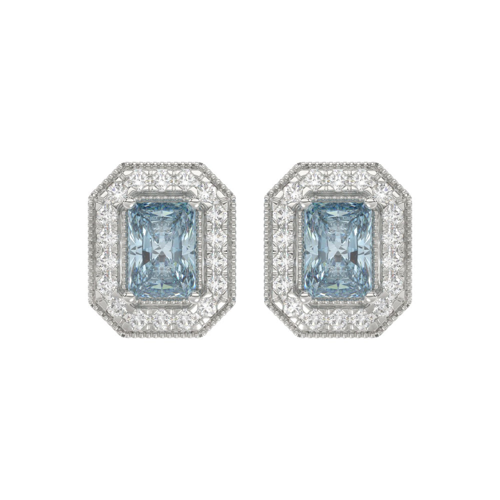 14K WHITE GOLD CRAFTED WITH 18K YELLOW GOLD BACK PLATE 1 1/4CT ROUND/BLUE EMERALD DIAMOND LADIES EARRINGS