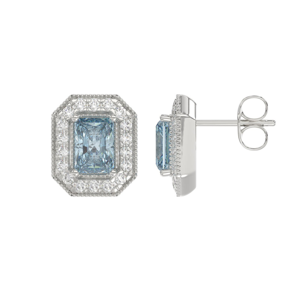 14K WHITE GOLD CRAFTED WITH 18K YELLOW GOLD BACK PLATE 1 1/4CT ROUND/BLUE EMERALD DIAMOND LADIES EARRINGS