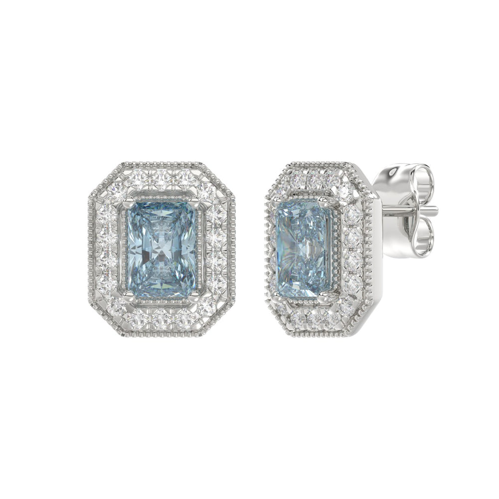 14K WHITE GOLD CRAFTED WITH 18K YELLOW GOLD BACK PLATE 1 1/4CT ROUND/BLUE EMERALD DIAMOND LADIES EARRINGS