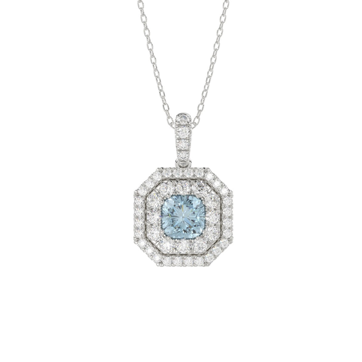 14K WHITE GOLD CRAFTED WITH 18K YELLOW GOLD BACK PLATE 1 1/2CT ROUND/BLUE CUSHION DIAMOND LADIES PENDANT WITH CHAIN 