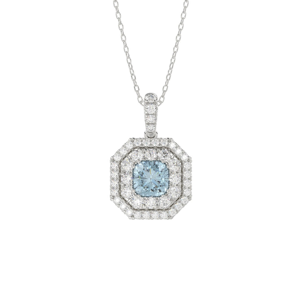 14K WHITE GOLD CRAFTED WITH 18K YELLOW GOLD BACK PLATE 1 1/2CT ROUND/BLUE CUSHION DIAMOND LADIES PENDANT WITH CHAIN 