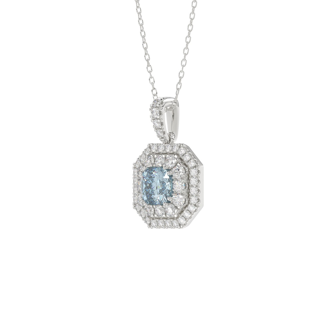 14K WHITE GOLD CRAFTED WITH 18K YELLOW GOLD BACK PLATE 1 1/2CT ROUND/BLUE CUSHION DIAMOND LADIES PENDANT WITH CHAIN 