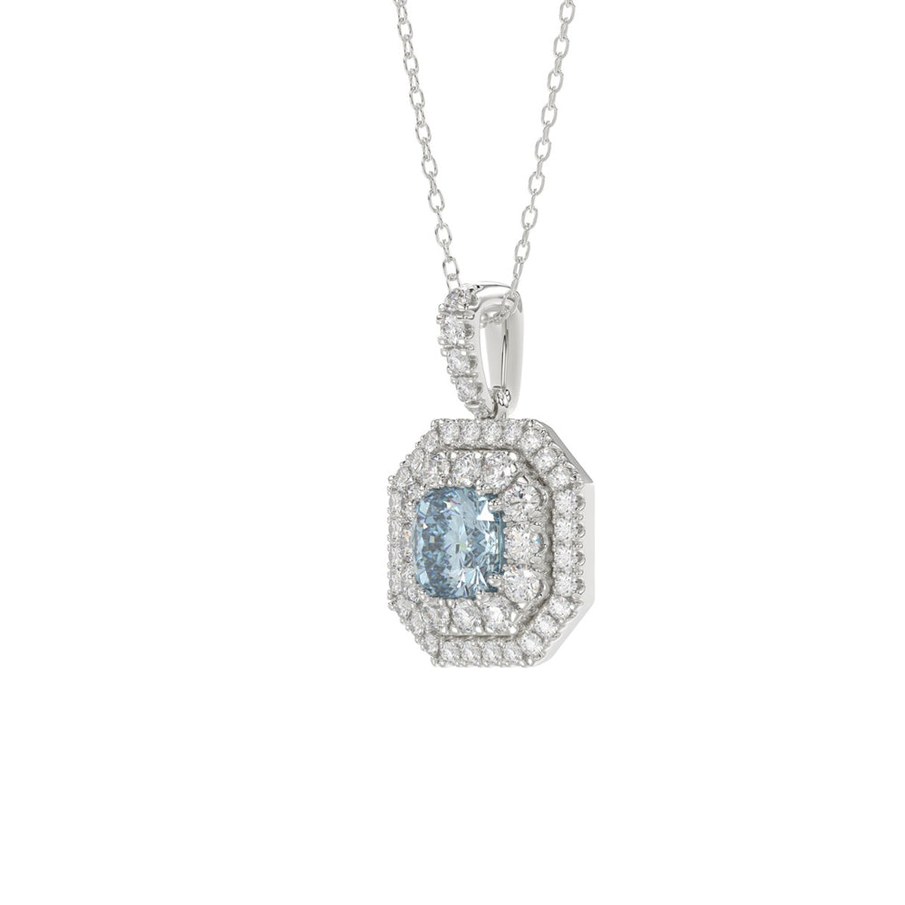 14K WHITE GOLD CRAFTED WITH 18K YELLOW GOLD BACK PLATE 1 1/2CT ROUND/BLUE CUSHION DIAMOND LADIES PENDANT WITH CHAIN 