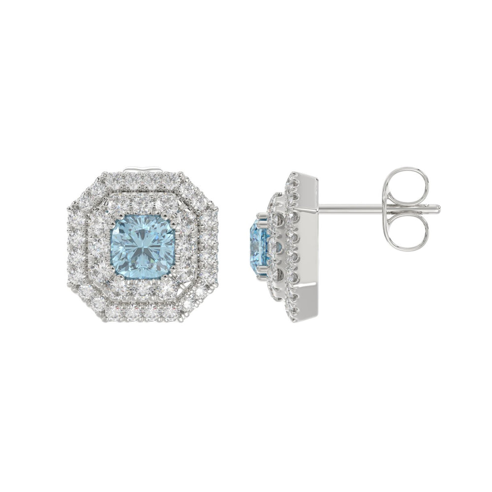 14K WHITE GOLD CRAFTED WITH 18K YELLOW GOLD BACK PLATE 1 1/2CT ROUND/BLUE CUSHION DIAMOND LADIES EARRINGS