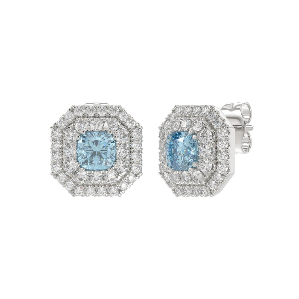 14K WHITE GOLD CRAFTED WITH 18K YELLOW GOLD BACK PLATE 1 1/2CT ROUND/BLUE CUSHION DIAMOND LADIES EARRINGS