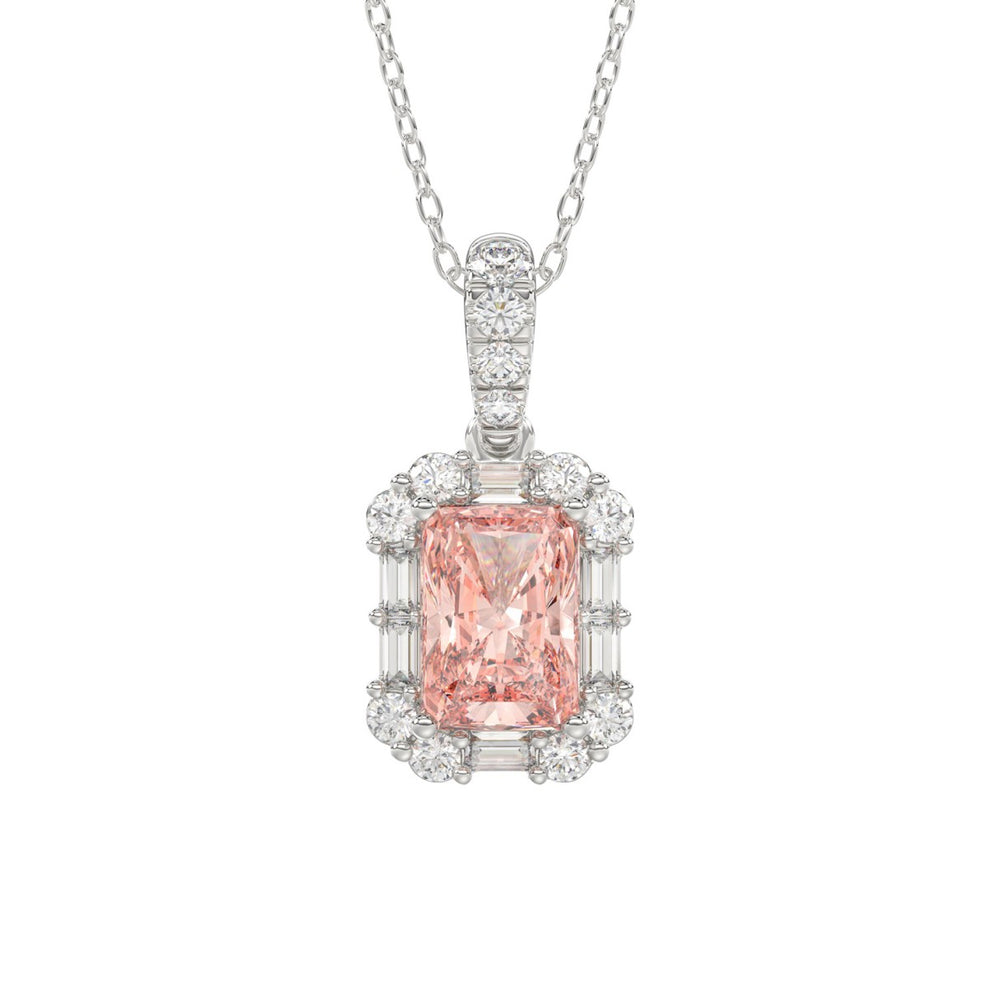 14K WHITE GOLD 1 1/4CT ROUND/PINK RADIANT/BAGUETTE DIAMOND LADIES PENDANT WITH CHAIN