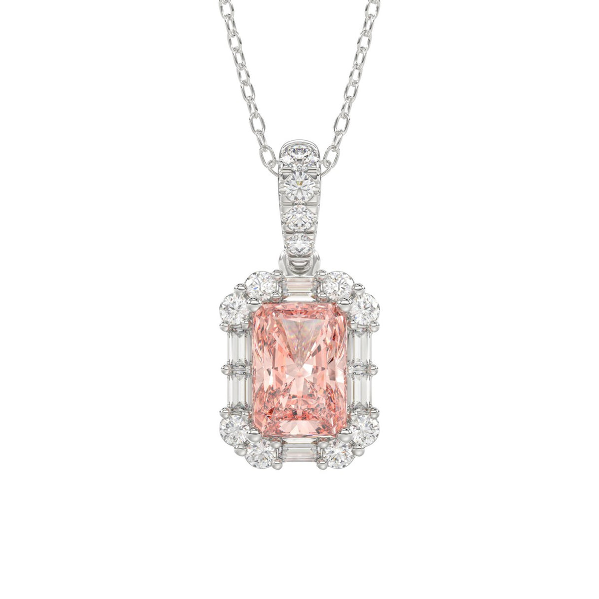 14K WHITE GOLD 1 1/4CT ROUND/PINK RADIANT/BAGUETTE DIAMOND LADIES PENDANT WITH CHAIN