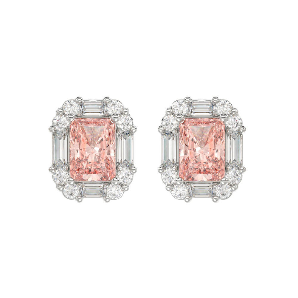 14K WHITE GOLD CRAFTED WITH 18K YELLOW GOLD BACK PLATE 1 1/3CT ROUND/PINK RADIANT/BAGUETTE DIAMOND LADIES EARRINGS