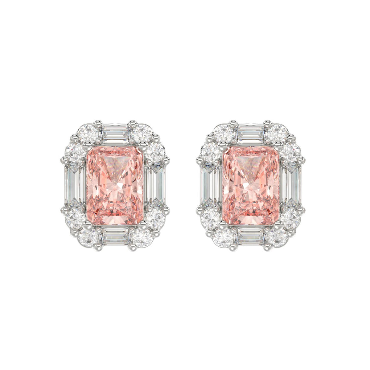 14K WHITE GOLD CRAFTED WITH 18K YELLOW GOLD BACK PLATE 1 1/3CT ROUND/PINK RADIANT/BAGUETTE DIAMOND LADIES EARRINGS