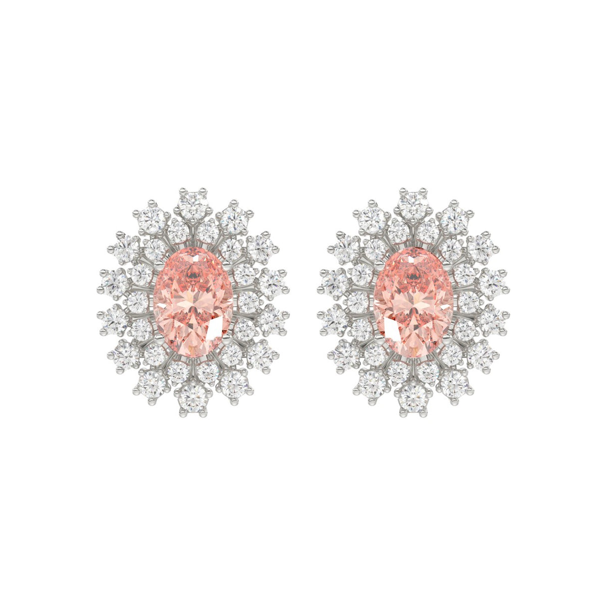 14K WHITE GOLD CRAFTED WITH 18K YELLOW GOLD BACK PLATE 1 1/2CT ROUND/PINK OVAL  DIAMOND LADIES EARRINGS