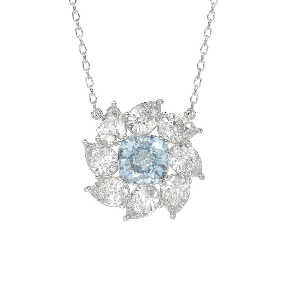 14K WHITE GOLD CRAFTED WITH 18K YELLOW GOLD BACK PLATE 2CT PEAR/BLUE CUSHION DIAMOND LADIES NECKLACE WITH CHAIN