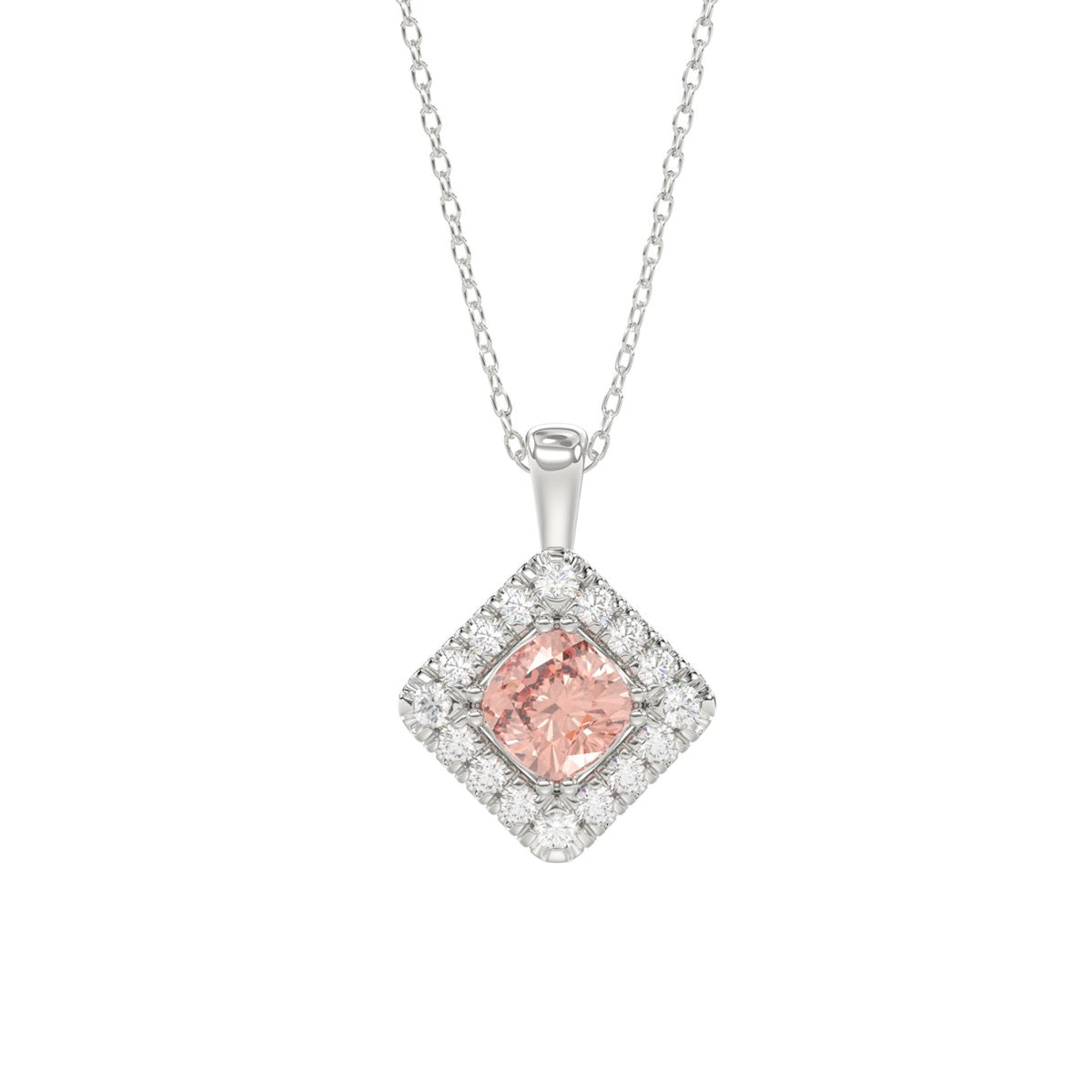 14K WHITE GOLD 1 1/4CT ROUND/PINK CUSHION DIAMOND LADIES PENDANT WITH CHAIN 
