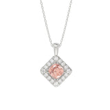 14K WHITE GOLD CRAFTED WITH 18K YELLOW GOLD BACK PLATE 1 1/4CT ROUND/PINK CUSHION DIAMOND LADIES PENDANT WITH CHAIN