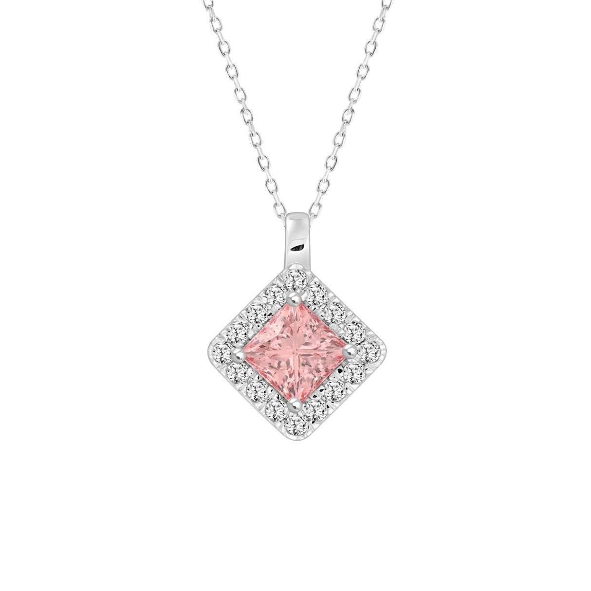14K WHITE GOLD 1 1/4CT ROUND/PRINCESS DIAMOND LADIES PENDANT WITH CHAIN (CENTER STONE PINK PRINCESS DIAMOND 1CT)