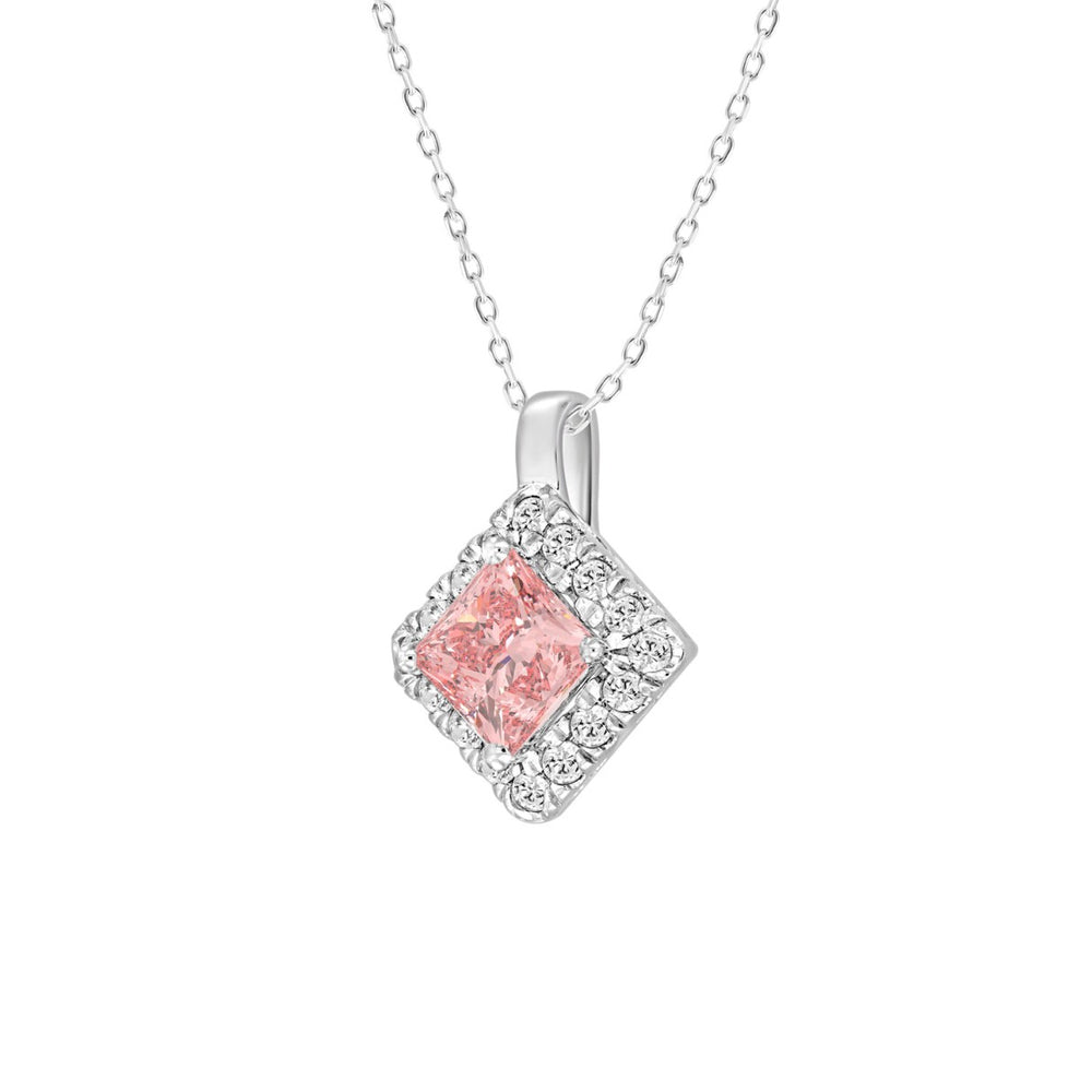 14K WHITE GOLD 1 1/4CT ROUND/PRINCESS DIAMOND LADIES PENDANT WITH CHAIN (CENTER STONE PINK PRINCESS DIAMOND 1CT)