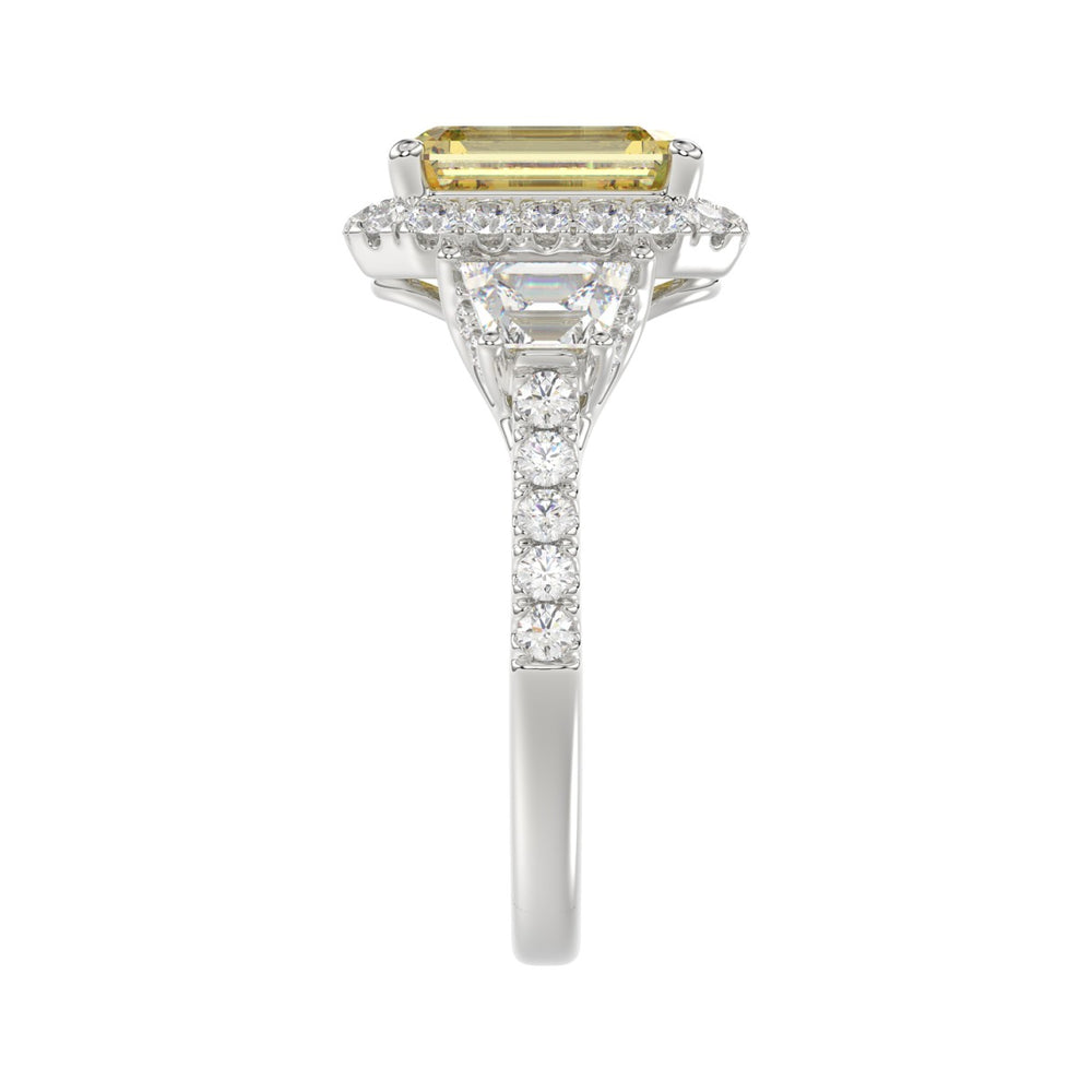 14K WHITE GOLD CRAFTED WITH 18K YELLOW GOLD SHANK 4 1/4CT ROUND/TRAPEZOID/RADIANT DIAMOND LADIES RING (CENTER STONE YELLOW RADIANT DIAMOND 3.00CT)