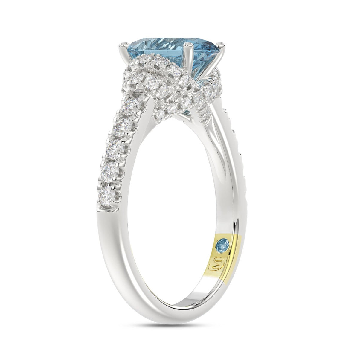 14K WHITE GOLD CRAFTED WITH 18K YELLOW GOLD SHANK 2 3/4CT ROUND/BLUE OVAL DIAMOND LADIES RING (CENTER STONE OVAL BLUE DIAMOND 2.00CT)