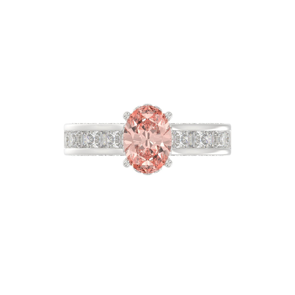 14K WHITE GOLD CRAFTED WITH 18K YELLOW GOLD SHANK 2 3/4CT ROUND/OVAL/PRINCESS/BAGUETTE DIAMOND LADIES RING (CENTER STONE PINK OVAL DIAMOND 1 1/2CT)