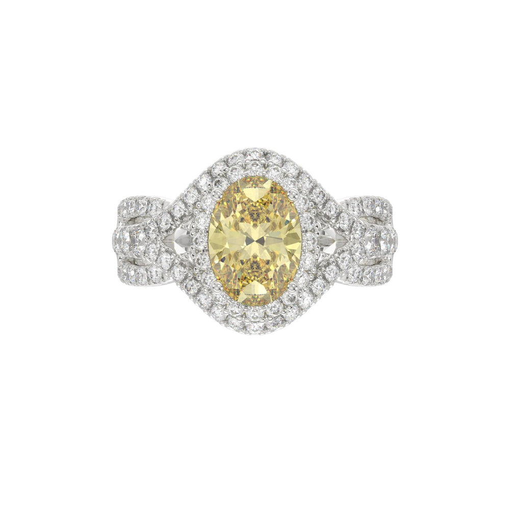 14K WHITE GOLD CRAFTED WITH 18K YELLOW GOLD SHANK 3 1/4CT ROUND/YELLOW OVAL DIMAOND LADIES RING (CENTER STONE YELLOW OVAL  DIAMOND 2.00CT)