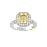 14K WHITE GOLD CRAFTED WITH 18K YELLOW GOLD SHANK  4.00CT ROUND/YELLOW CUSHION DIAMOND LADIES RING (CENTER STONE CUSHION YELLOW DIAMOND 3.00CT)