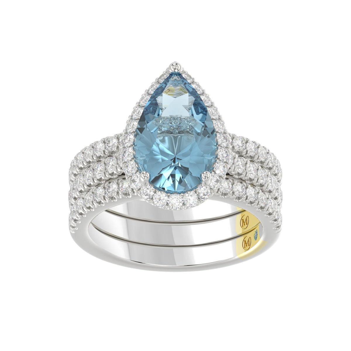 14K WHITE GOLD CRAFTED WITH 18K YELLOW GOLD SHANK 4.00CT ROUND/PEAR DIAMOND LADIES BRIDAL SET (CENTER STONE PEAR BLUE DIAMOND 3.00CT)