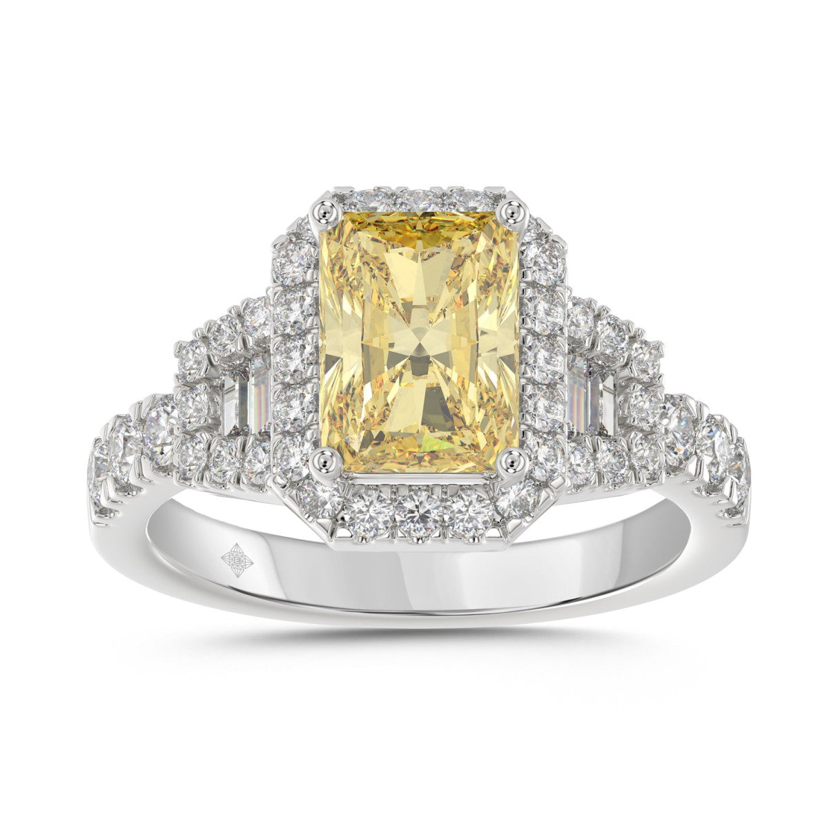 14K WHITE GOLD 2 3/4CT ROUND/BAGUETTE/YELLOW RADIANT DIAMOND LADIES RING (CENTER STONE YELLOW RADIANT DIAMOND 2CT)