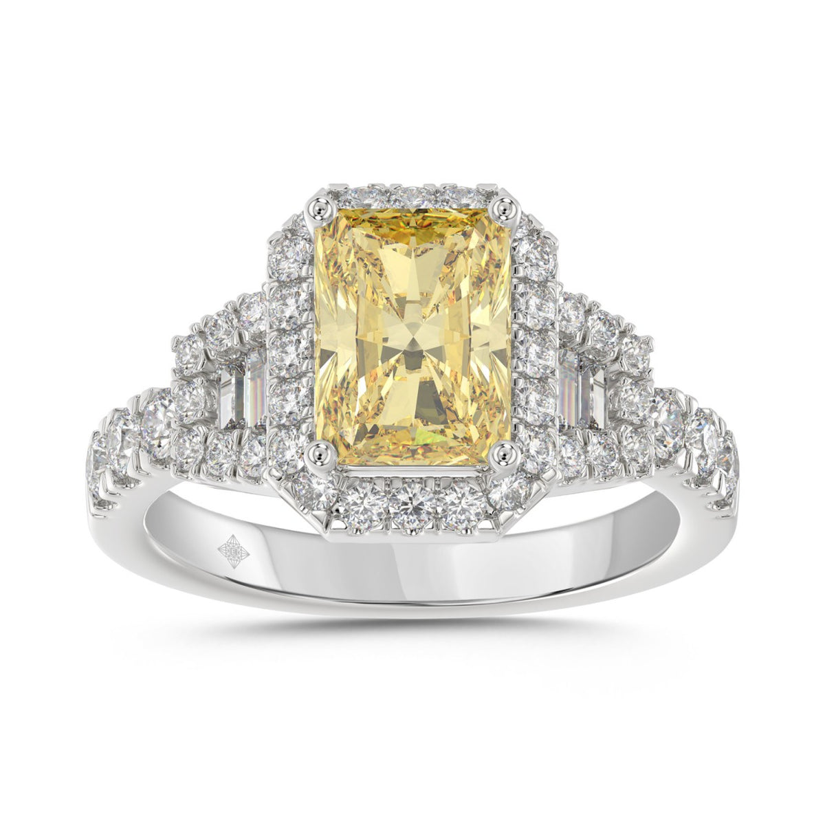 14K WHITE GOLD 2 3/4CT ROUND/BAGUETTE/YELLOW RADIANT DIAMOND LADIES RING (CENTER STONE YELLOW RADIANT DIAMOND 2CT)
