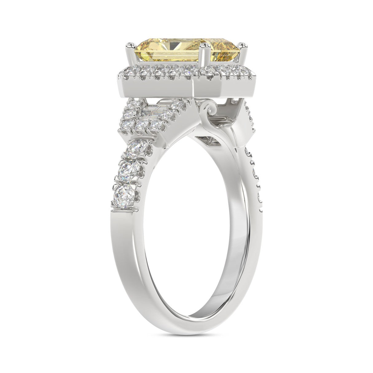 14K WHITE GOLD 2 3/4CT ROUND/BAGUETTE/YELLOW RADIANT DIAMOND LADIES RING (CENTER STONE YELLOW RADIANT DIAMOND 2CT)