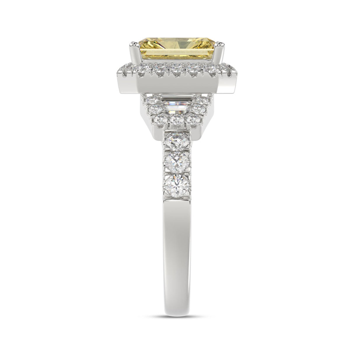 14K WHITE GOLD 2 3/4CT ROUND/BAGUETTE/YELLOW RADIANT DIAMOND LADIES RING (CENTER STONE YELLOW RADIANT DIAMOND 2CT)